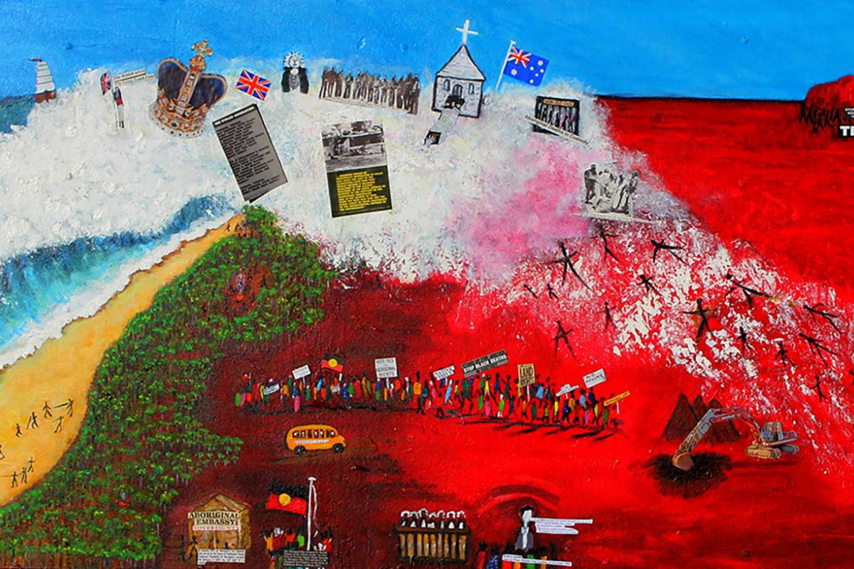 A bright painting depicting a beach, with a tsunami wave spilling over onto the land carrying symbolism of the British Invasion.