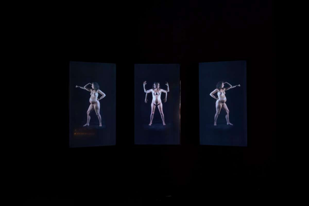 Three side by side video stills of a naked, pregnant woman posing side on and front on.