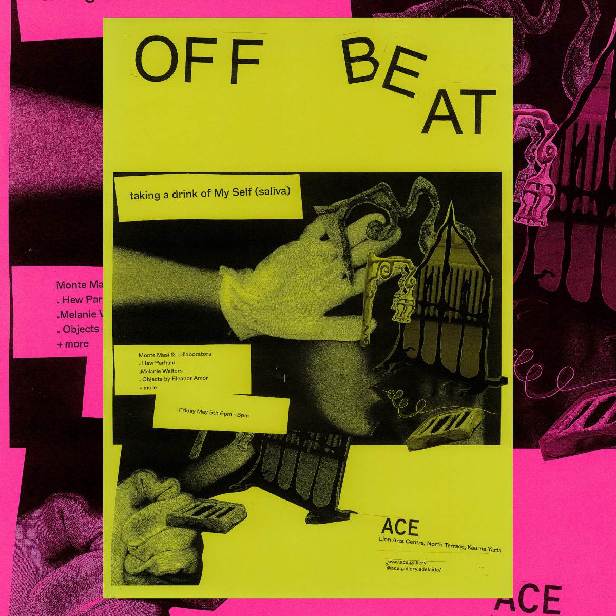 Green poster overlaid on crop of same poster in pink colourway.