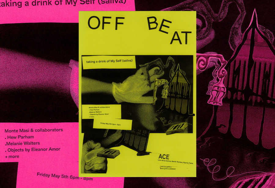 Green poster overlaid on crop of same poster in pink colourway.