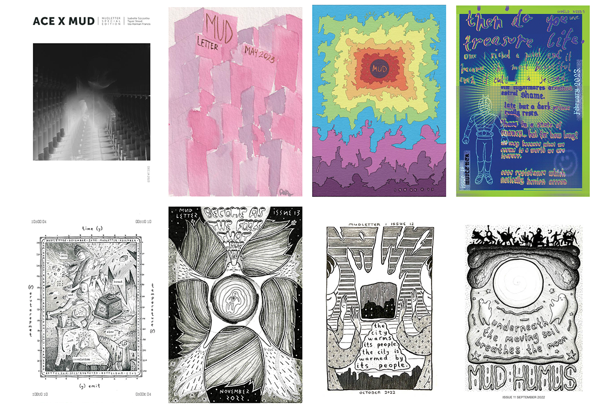 8 covers of MUDLETTER. Each filled with vibrant colourful illustrations.