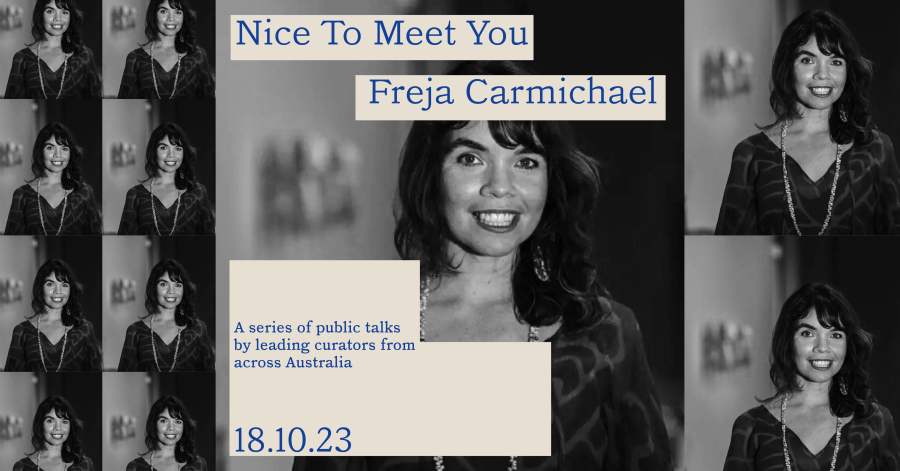 A designed graphic displaying many collaged images of Freja Carmichael's headshot.