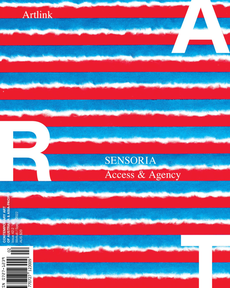 Cover of Artlink magazine (issue 42.2), featuring distressed stripes of blue, red and white.