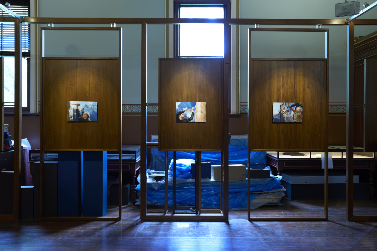 View of exhibition install in Santos Museum of Economic Botany. Three artworks by Brad Darkson. Three digitally manipulated photographs.