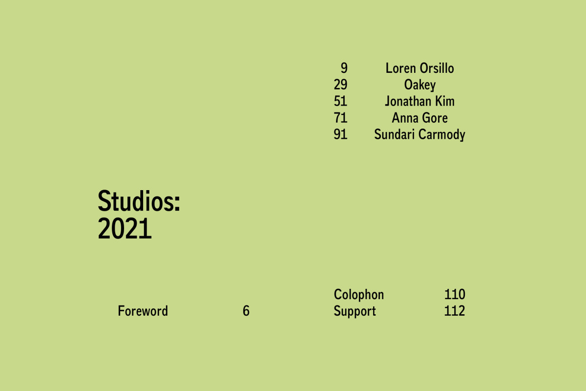 A green double-page excerpt from the 'Studios: 2021' catalogue.