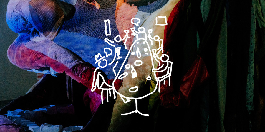 Digital collage: an illustration of a long table dinner service with five patrons conversing and cheers-ing, overlaid on a cropped photograph of 'Rockamora's' face.