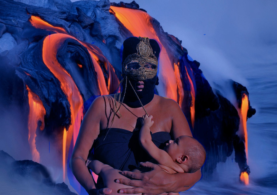 A balaclava clad woman holds a baby in front of a firey painted background of oranges and blues