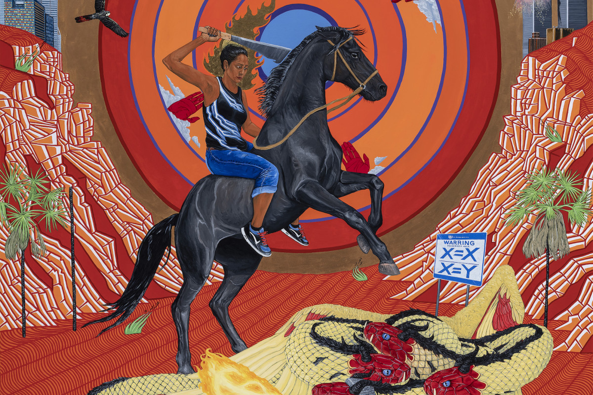 Vibrant painting featuring woman riding a horse over a four-headed dragon.