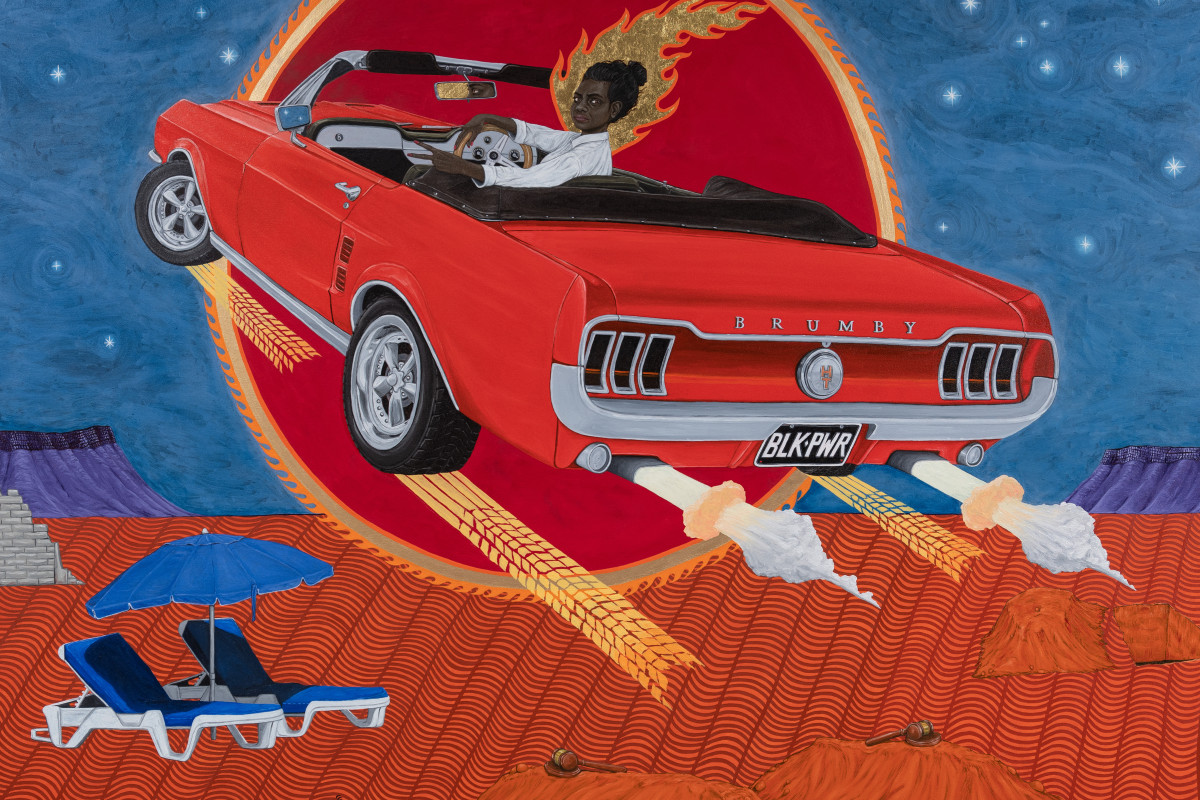 A painting of a woman driving a red convertible car through the sky above a desert dune landscape. The number plate reads 'BLK PWR'.