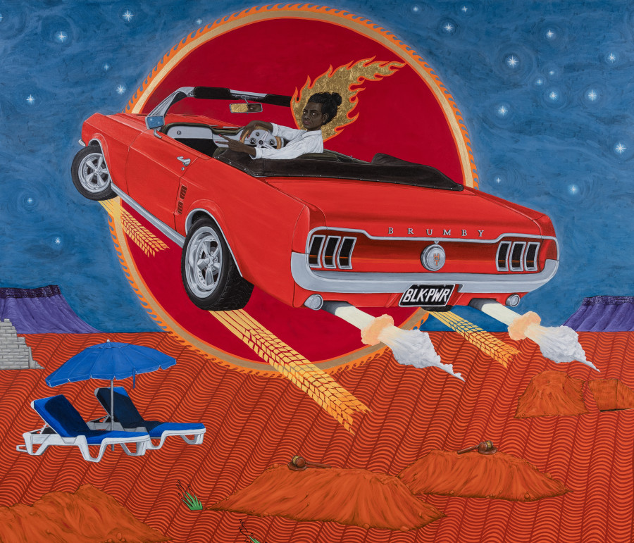 A painting of a woman driving a red convertible car through the sky above a desert dune landscape. The number plate reads 'BLK PWR'.