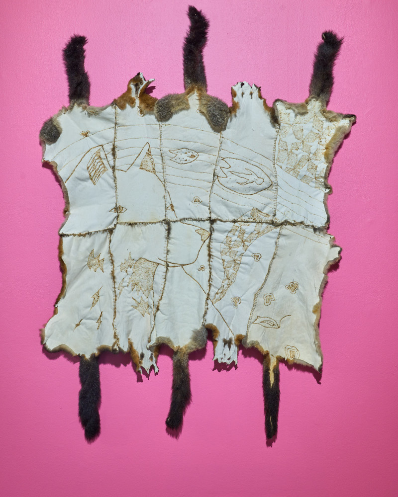 A cloak made from possum pelts hangs on a bright pink wall. The inside of the cloak is patterned with an image of a dingo.