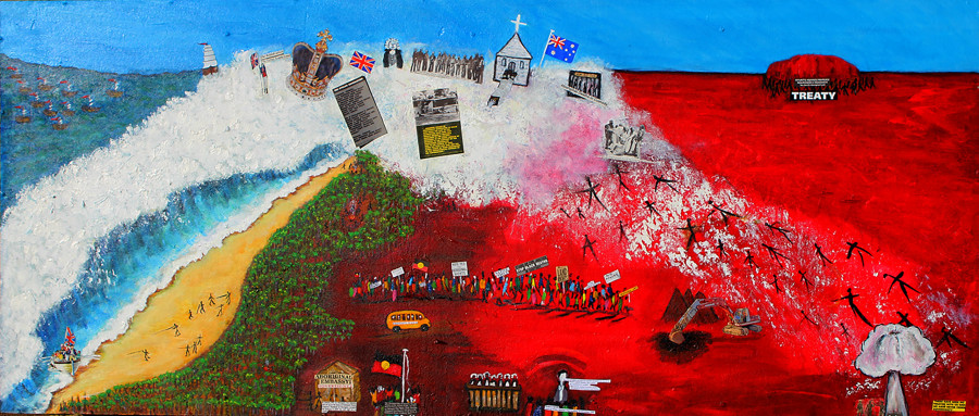 A wide painting of a coastal and desert scene. From the right, boats and English iconograph ride a tidal wave into a red desert, scattered with icons of recent Aboriginal history including a tent embassy, flag, Uluru, Maralinga bomb cloud and treaty sign