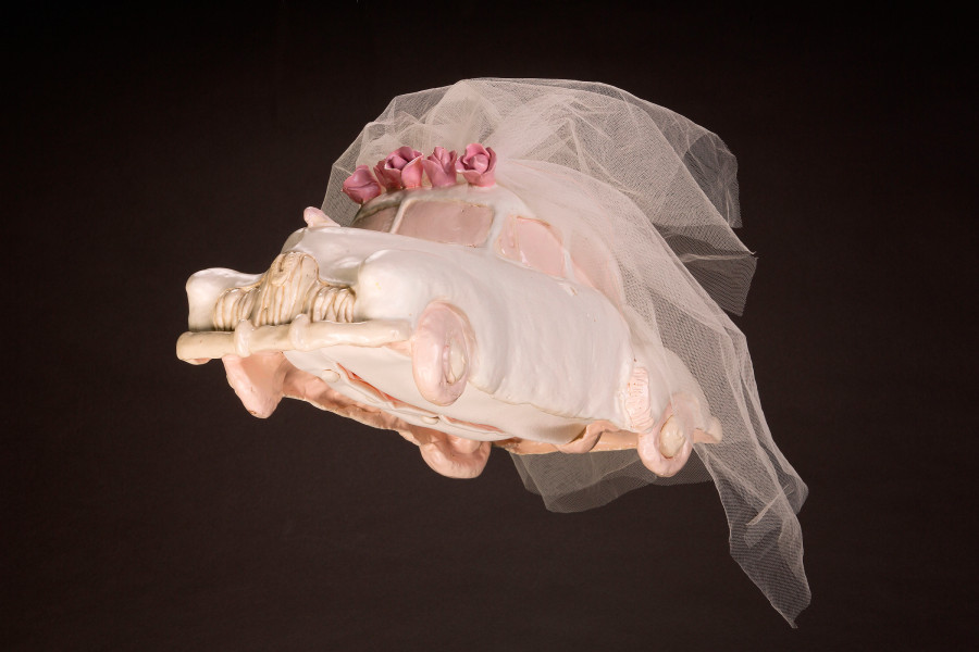 A pink ceramic model FJ Holden flies through the air trailing a tulle veil
