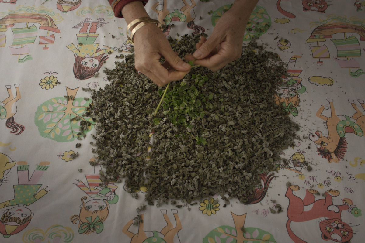 Older hands preparing zaatar over a table cloth with cartoons.