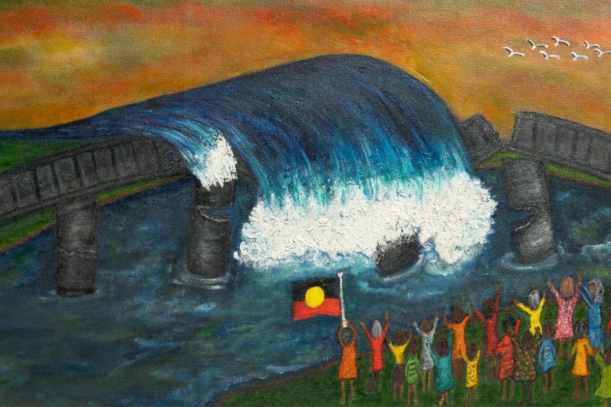 Painting of the Kumarangk bridge breaking, with water rushing through and people gathered below.