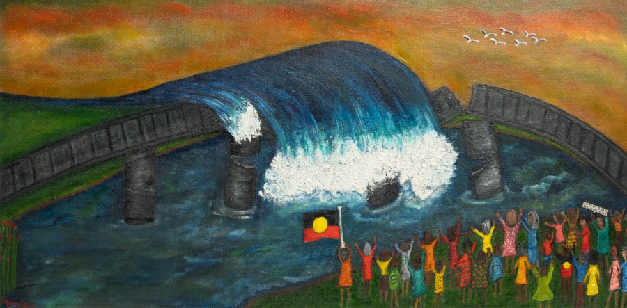 Painting of the Kumarangk bridge breaking, with water rushing through and people gathered below.
