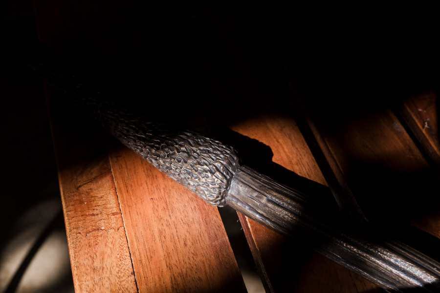 Close up of bronze cast xanthorrhoea grass tree spear. The tree spear sits on a wooden table. The sunlight highlights the detail.
