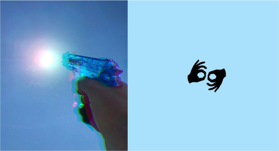 Image of hand holding toy gun towards sun on left, and symbol for AUSLAN interpretation against blue background on right.