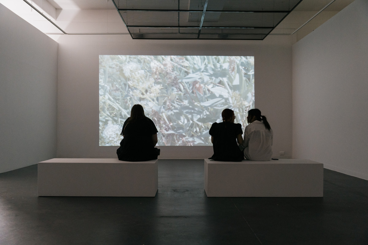 Opening night. 2 people sit on one plinth and 1 person sits on the other plinth to watch Georgia Button's moving image artwork projection.