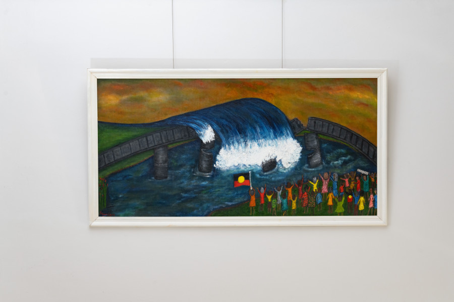 Painting of the Kumarangk bridge breaking, with water rushing through and people gathered below.