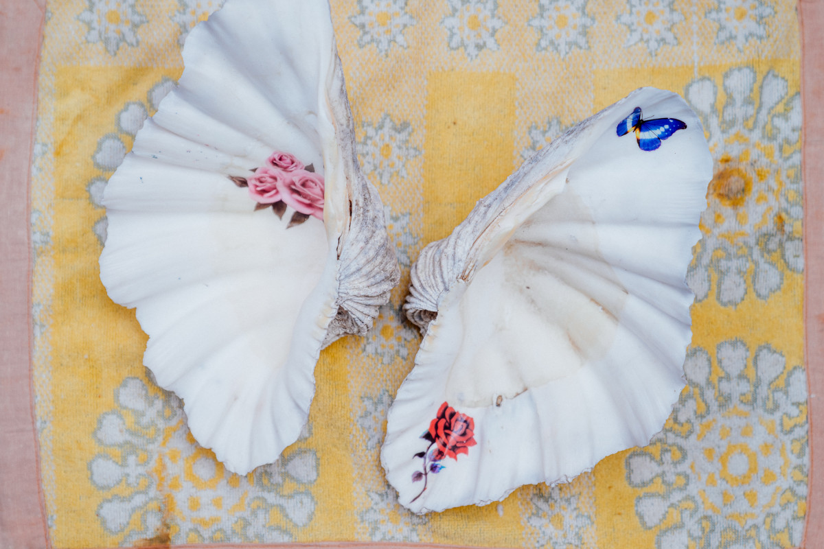 Two large shells rest next to each other on a yellow patterned towel. The insides of the shells face upwards and are tattooed with 3 temporary tattoos; two are roses and one a butterfly.