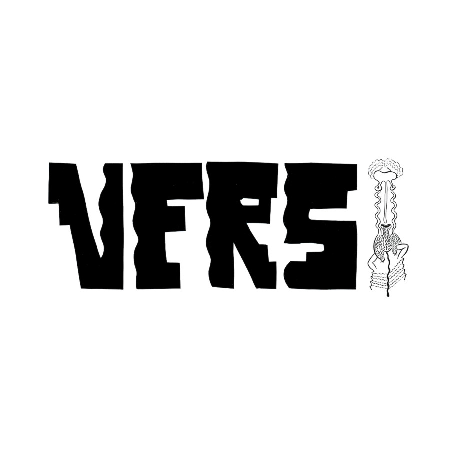 Black-and-white vertical illustration with curved, wavy and zigzag lines suggesting human features, surrounded by four bold black block letters spelling VERS.