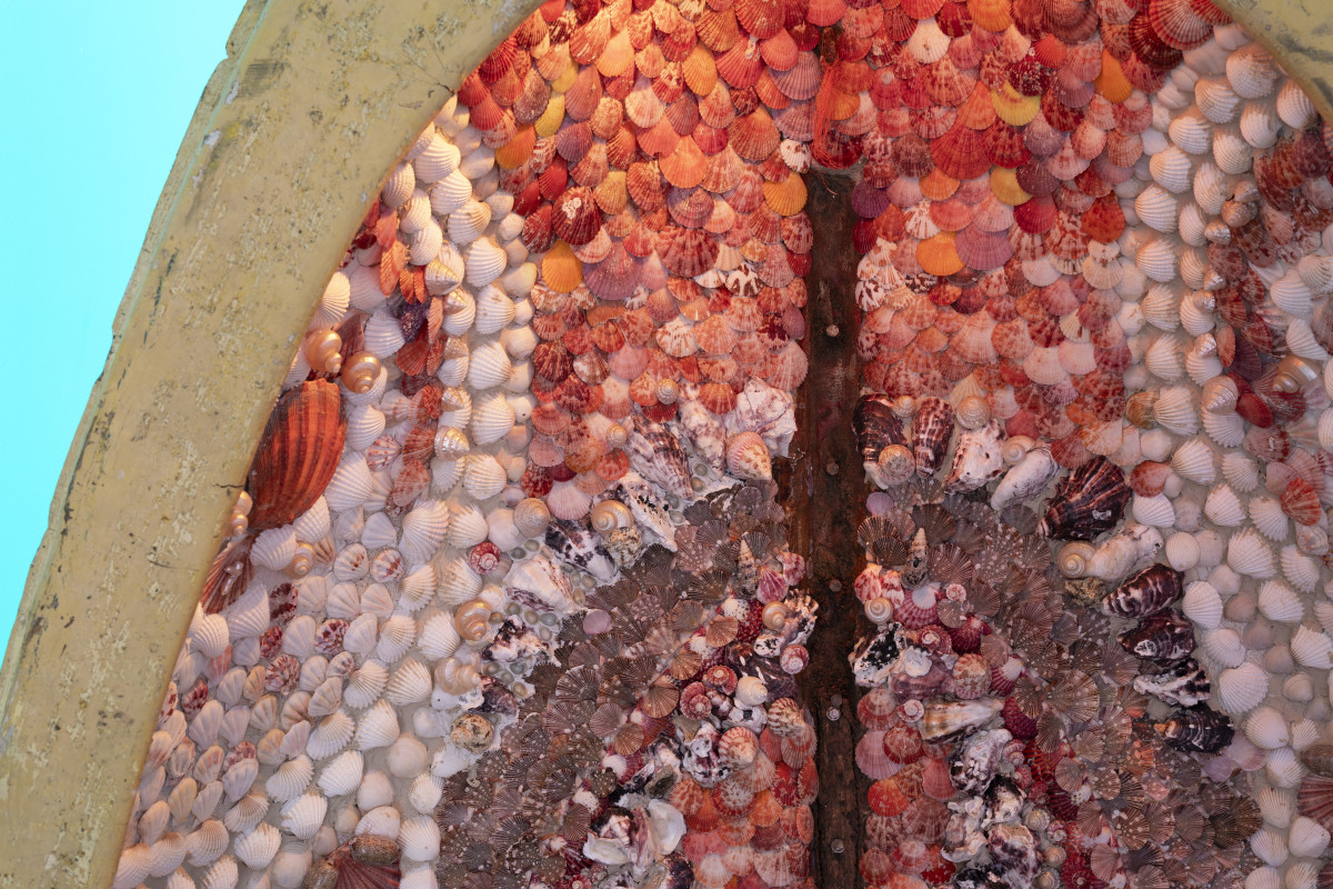 Teresa Busuttil's work up close. Detail, salvaged boat, shells, glue