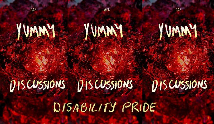 Digital graphic event poster design feature three repeated images of red mushed up jelly with a yellow light coming from the centre of the jelly. The poster has the writing 